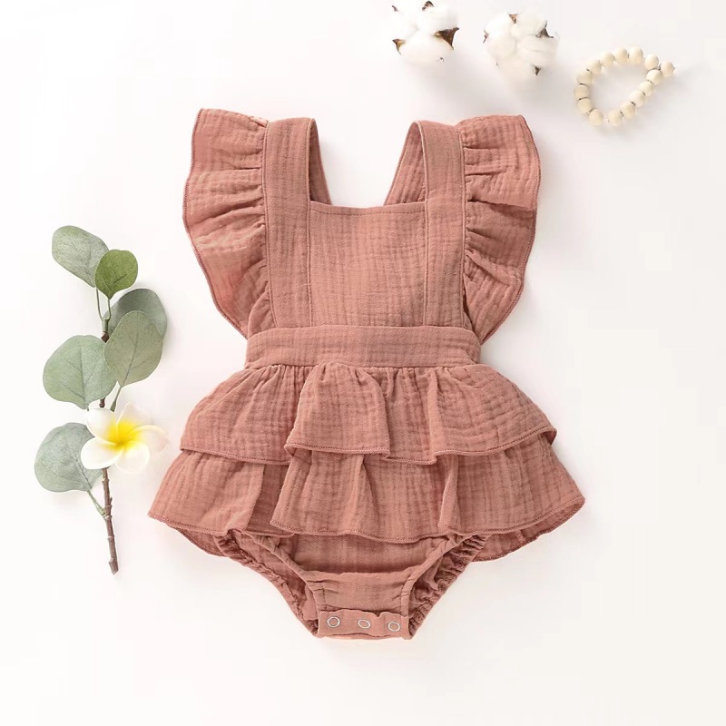 Conyson New Design European Style Spring Summer Sleeveless Hidden Button Bowknot Cotton Infant Newborn Baby Girl Romper