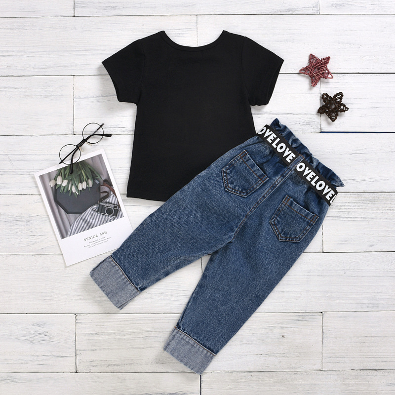 Summer Black Cotton Printed Letter T-shirt Button Hole Denim Trouser Belt Outfit Girls 2pcs Set