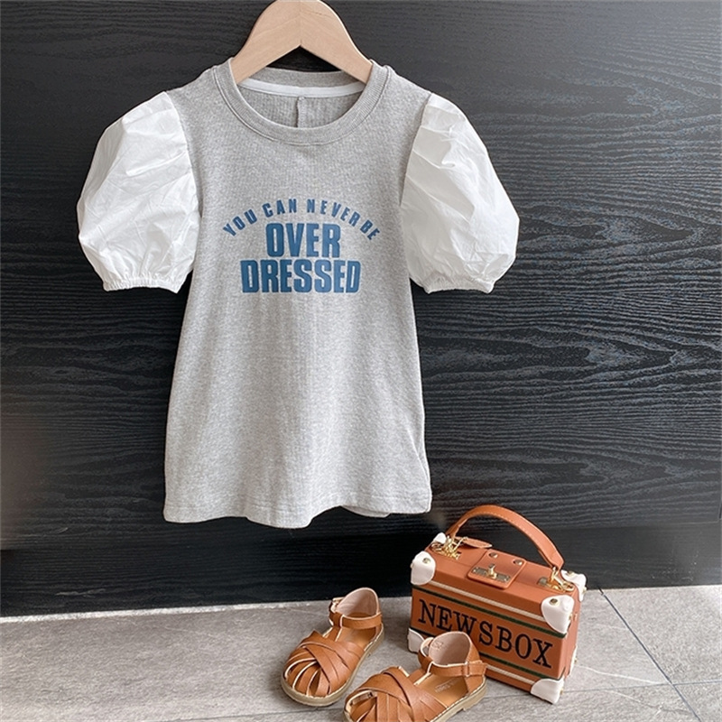 2021 New Summer Fashion Kid Girl White Puff Short-Sleeve Tight Dress Letter Printed Gray Black girls T-shirt