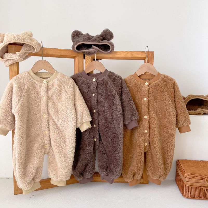Infant Korean Soft conyson Sleepwear Baby Rompers Knitted Boys Girls bear Jumpsuits 2 Piece Toddler Kids warm hat Sleepwear