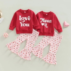 Conyson New Arrival Spring Autumn O-neck Long Sleeve Letter Hoodie Love Bell Bottom Sweet Style 3-8yrs Kids Girls Two Piece Sets