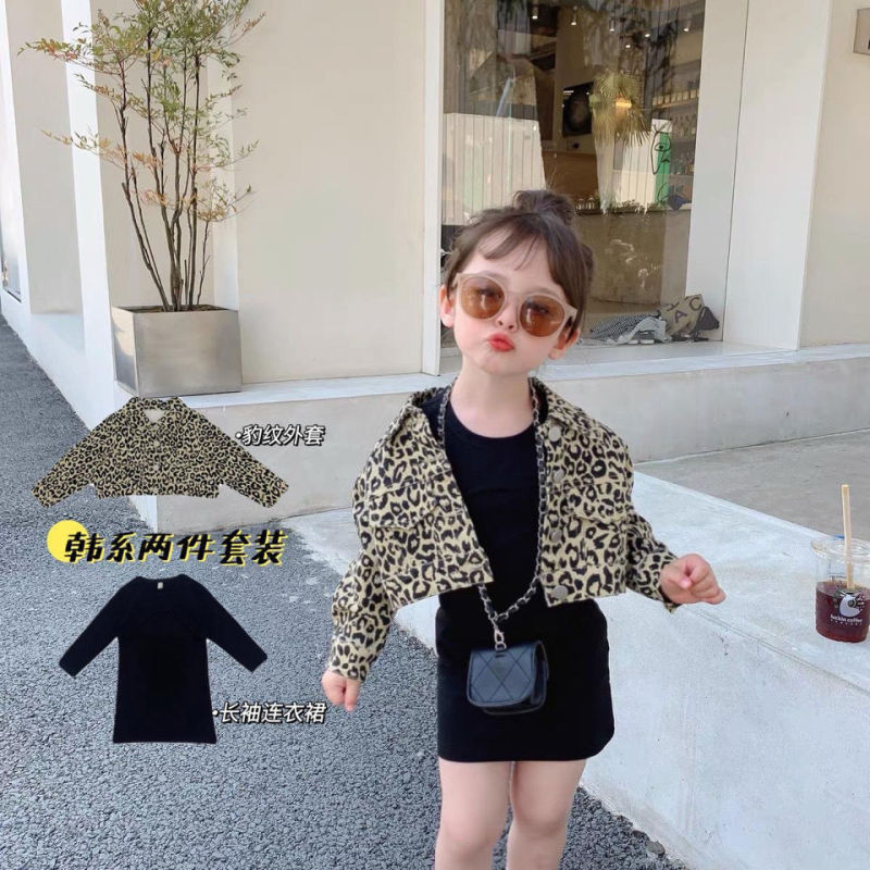 Beautiful Older Children Girls Autumn Long-sleeved Leopard Coat  Knitted Skirt Set