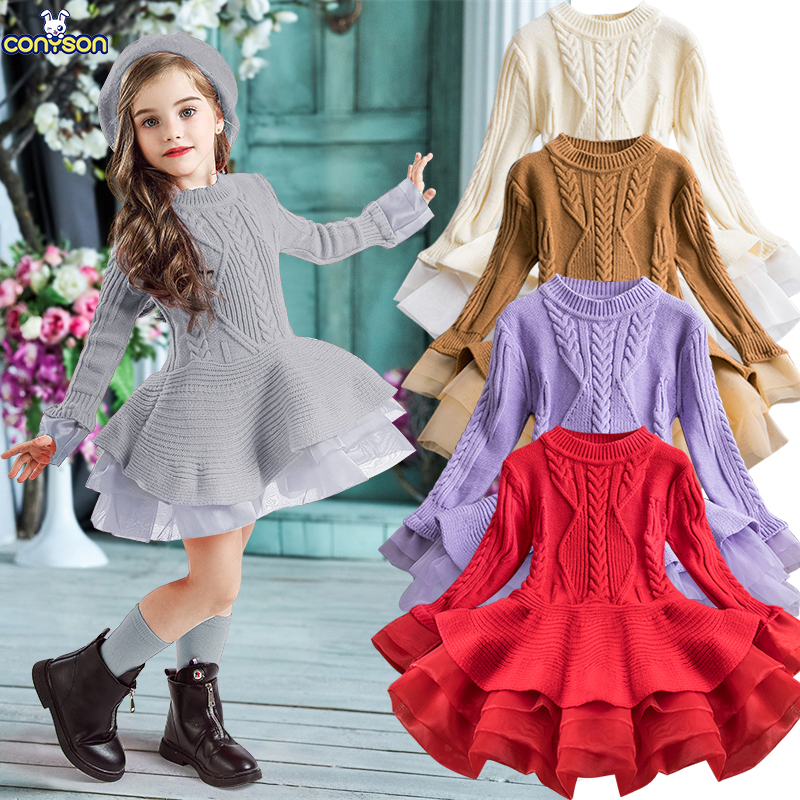 Conyson Autumn Winter Thick Warm Girls Dress Christmas Party Long Sleeve Knitted Flower Kids Sweater Dresses