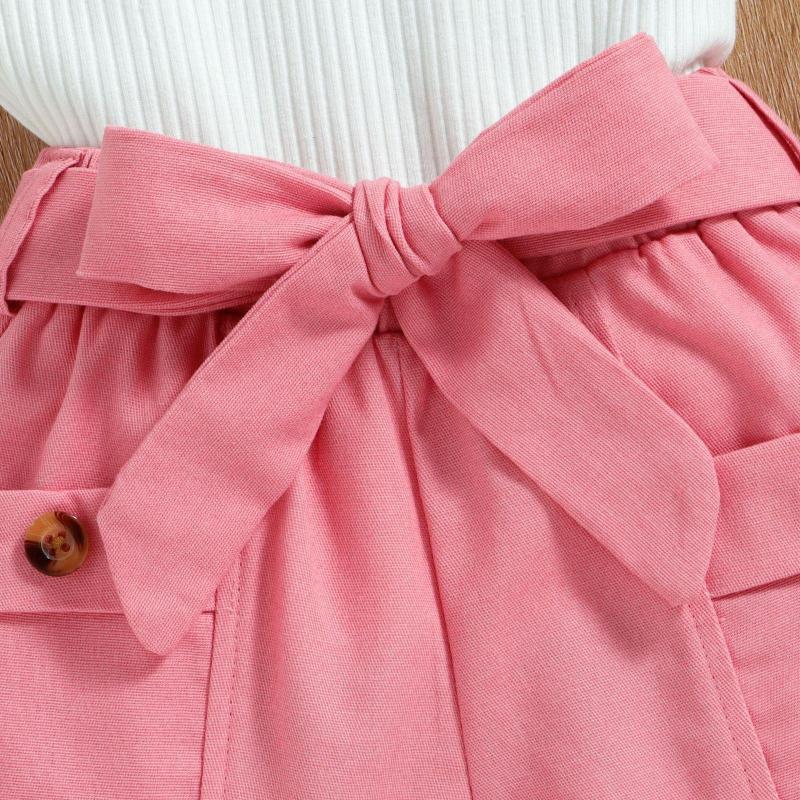 Conyson Hot Sale Girls Fashion Summer Europe Style Sleeveless V-Neck Cotton Pocket Polo Shirt Strip with bow 2 Pcs Girls Set
