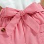 Conyson Hot Sale Girls Fashion Summer Europe Style Sleeveless V-Neck Cotton Pocket Polo Shirt Strip with bow 2 Pcs Girls Set