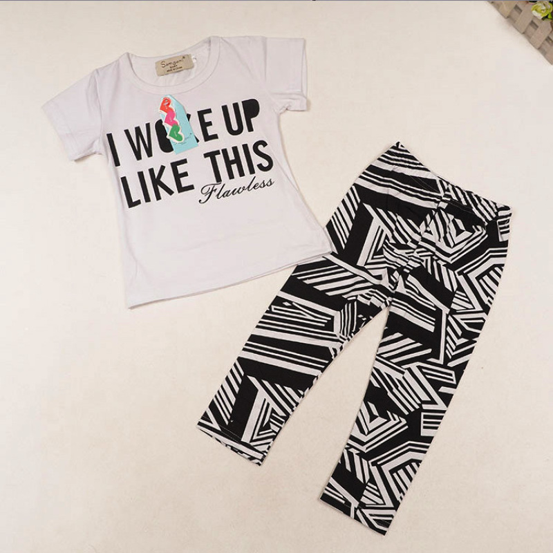 Conyson Hot Kids Summer Clothes Fashion Short Sleeve Letter Printed T-shirts+ Stripes Plaid Pants 2Pcs Baby Girls Clothing Set