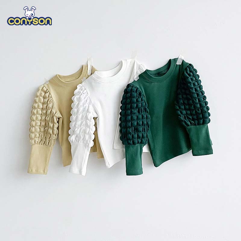 Conyson Wholesale Spring Autumn Toddler Kids Puff Sleeve Top Clothes Casual Solid Tops Child Girls' Clothing