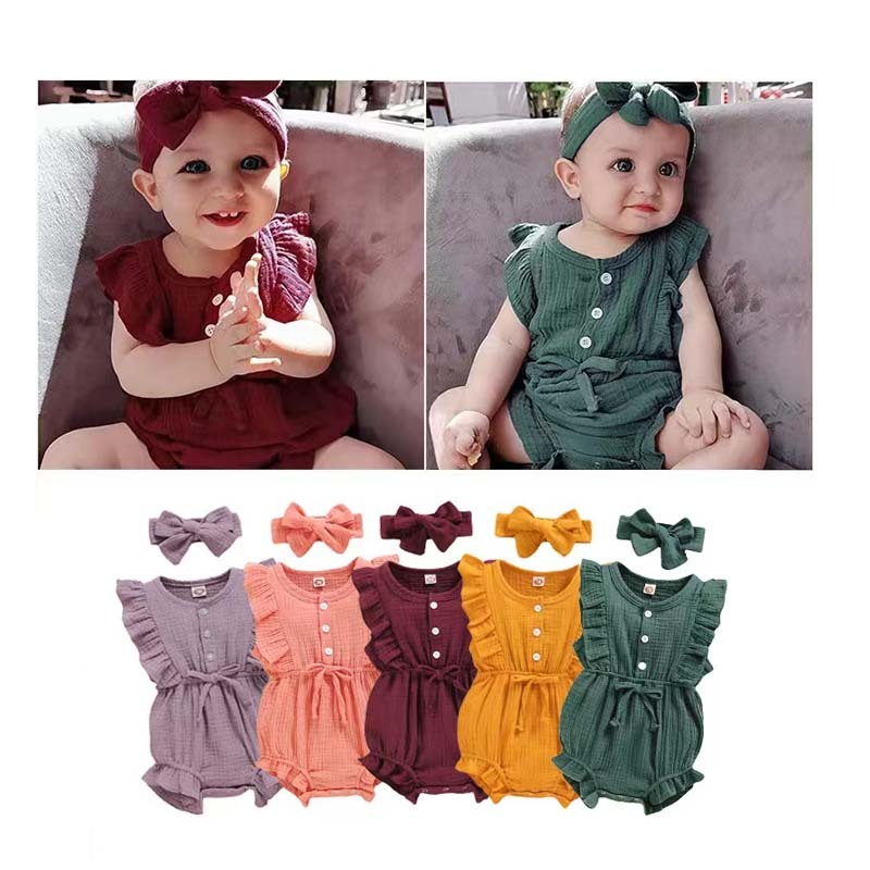 Conyson Newborn Baby Clothes Summer Jumpsuit Headband 2pcs Sets Sleeveless Custom Infant Ruffles Short Baby Girls' Romper
