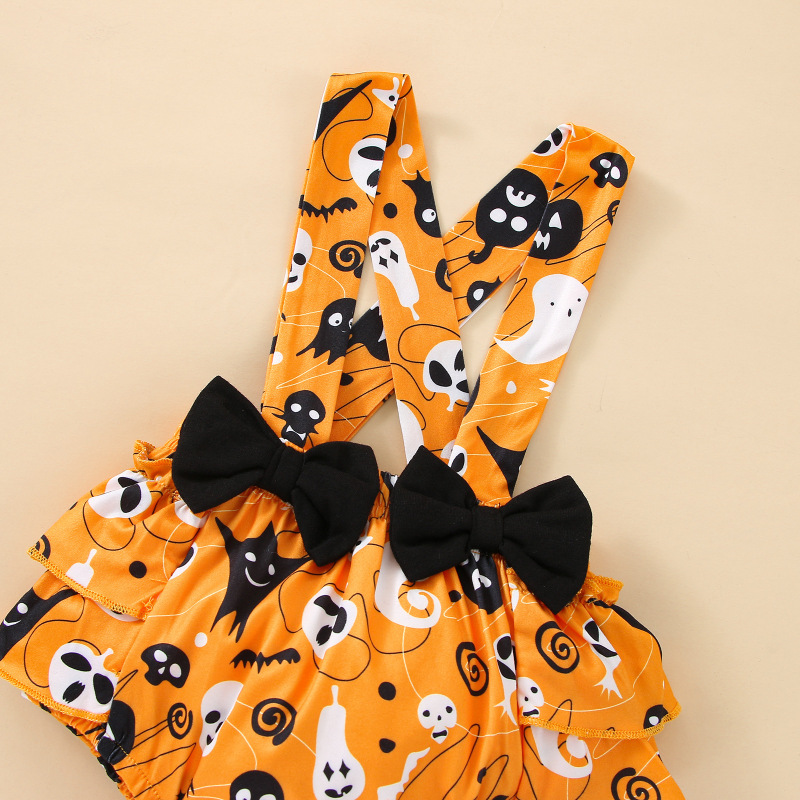 Halloween Baby Girl Toddler Suits Printing Pumpkin Ghost Long Sleeve Romper Bow Overalls Sets Party Club Cosplay Costume