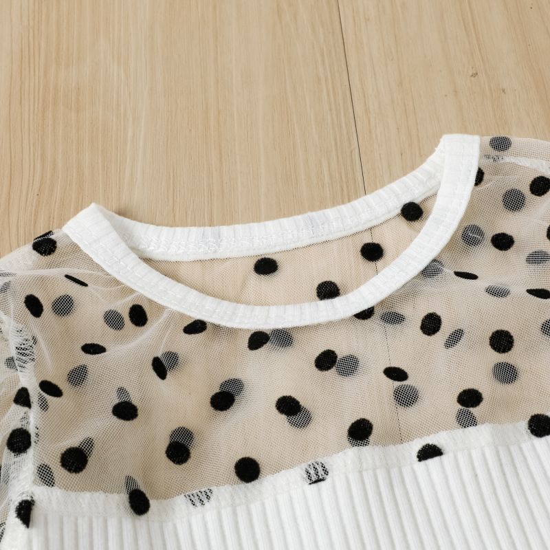 Conyson Casual Kids Girl Clothes Mesh Sweater Leather Pants Outfits Dot Print Long Puff Sleeved Top PU Trousers 2pcs Girls Sets