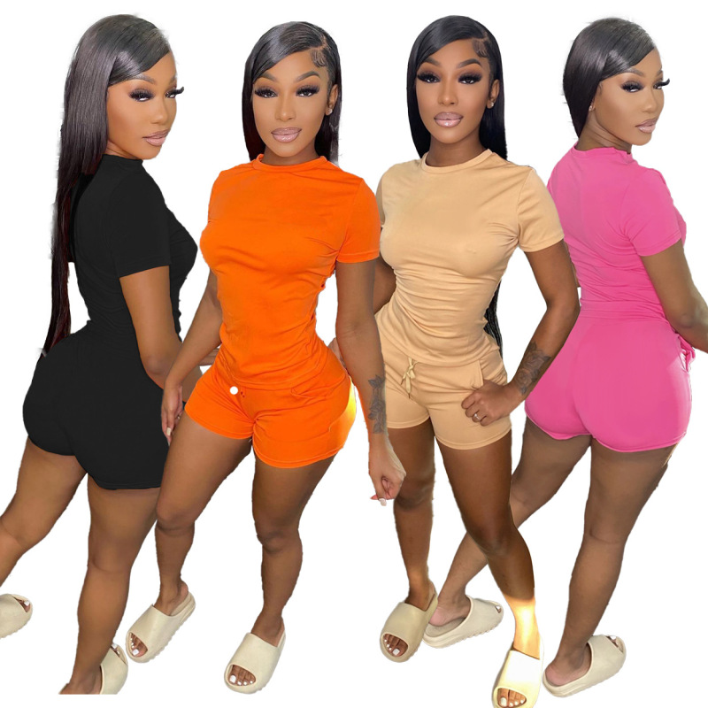 2022 Custom Logo Women Summer Short Set Short Sleeve T Shirt Biker Shorts Sets Skinny 2 Piece Short Set Women Clothing