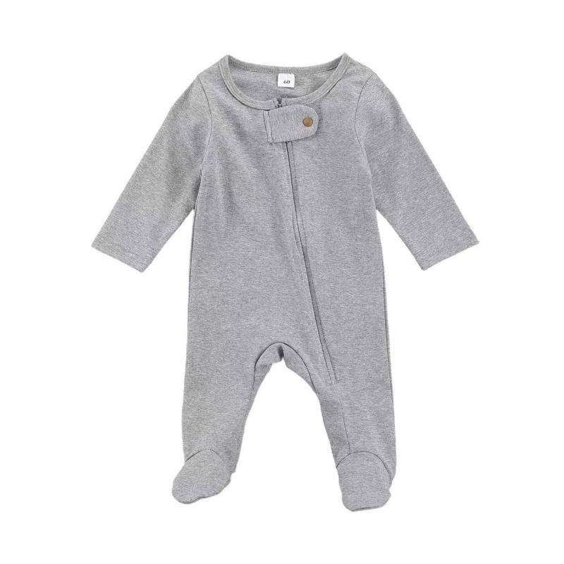 Conyson Wholesale Spring Newborn Clothes Solid Long Sleeve Infant Clothing With Foot Crew Neck Soft Cotton Baby Girls Zip Romper