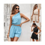 Conyson Hot Wholesale Spring Summer Sleeveless Seamless S-XL Bodycon Women's Shorts Oblique Shoulder Clothing Thick 2 Piece Sets