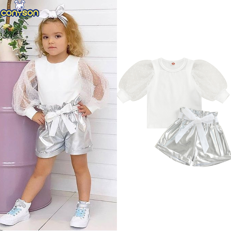 Conyson Wholesale Kids Clothes Summer Short Lace Heart Mesh Puff Sleeve Solid T Shirts+High Waist Shorts With Belt Clothing Set