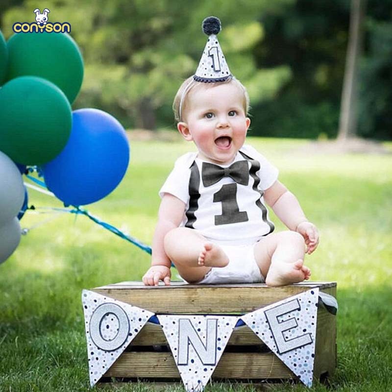 Conyson Summer Short Sleeve Gentleman Bowknot 12 Months Boy Outfits First Birthday Party Toddler Baby Boys Printed Rompers