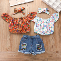 2021 New Product Printed Pullover Denim Shorts Set Europe And America Summer Three-piece Children  Clothing Girls Hot Pants Suit