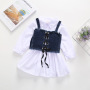 Casual Girl Child Dress Denim Sling Vest White Shirts Solid Kids Girl Outfits Long Sleeve