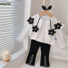 Conyson Wholesale High quality Kids Boutique Clothes Girls Flowers White Blouse+Flared Pants with a Slit Baby Girl Clothing Set