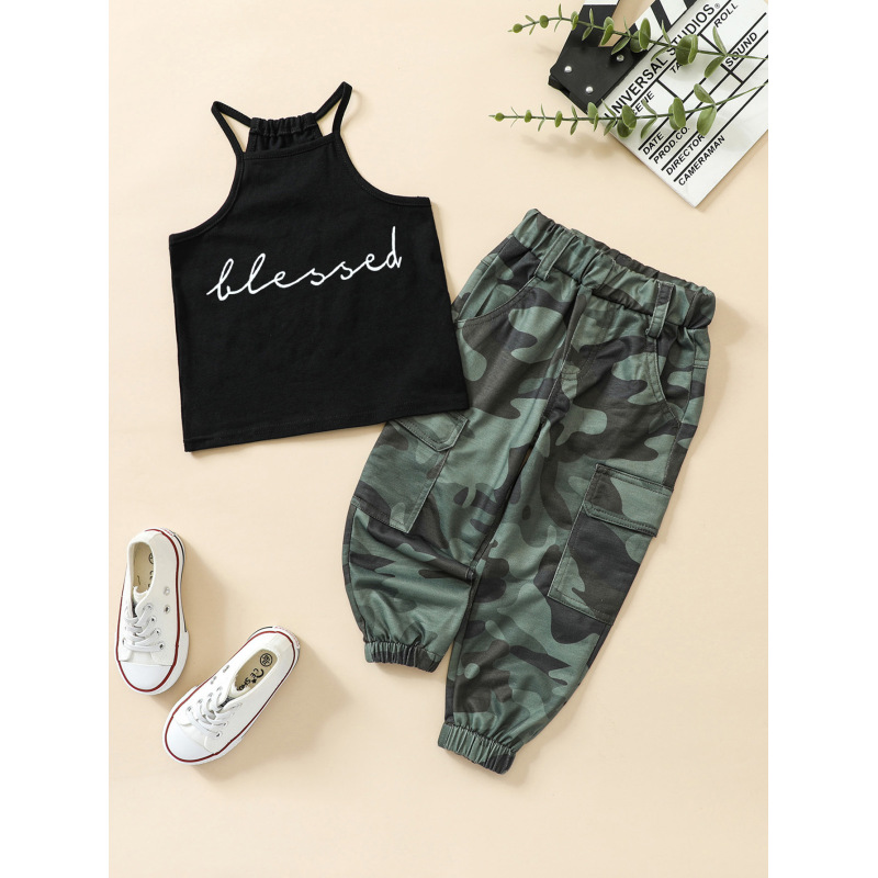 Conyson Fashion Summer Kids Clothing Letter Print Halter Top Pink Vest+Camouflage Long Pants Baby Girls Two-piece Outfits