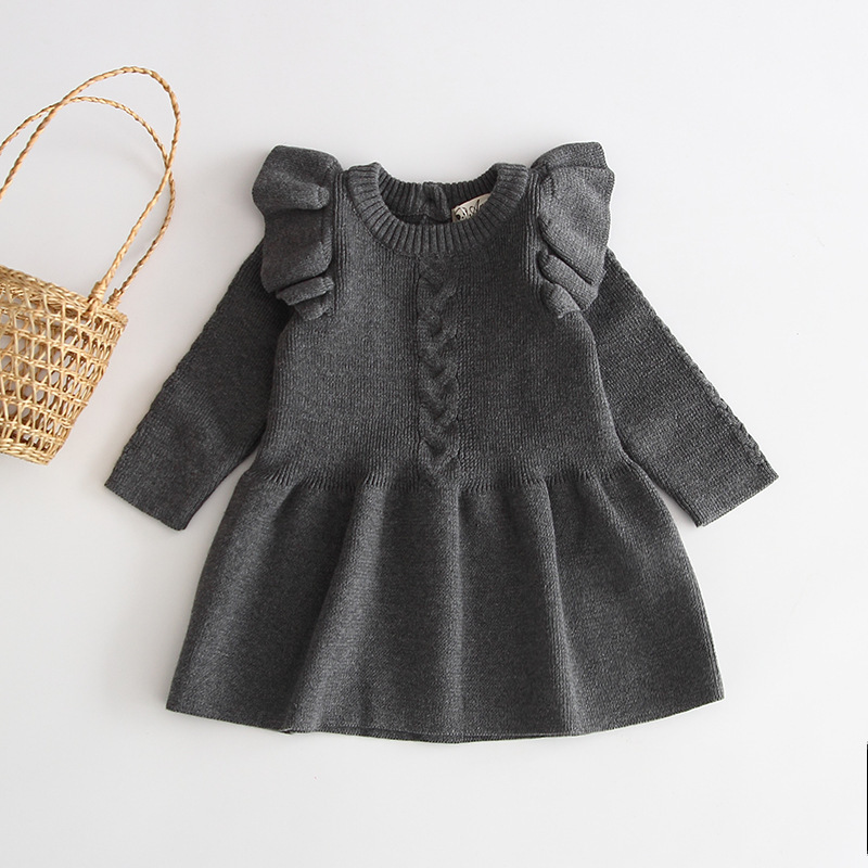 Fall Winter Knitted Princess Baby Long-Sleeved Solid Color Elastic Sweater Cotton Toddler Girls' Dresses