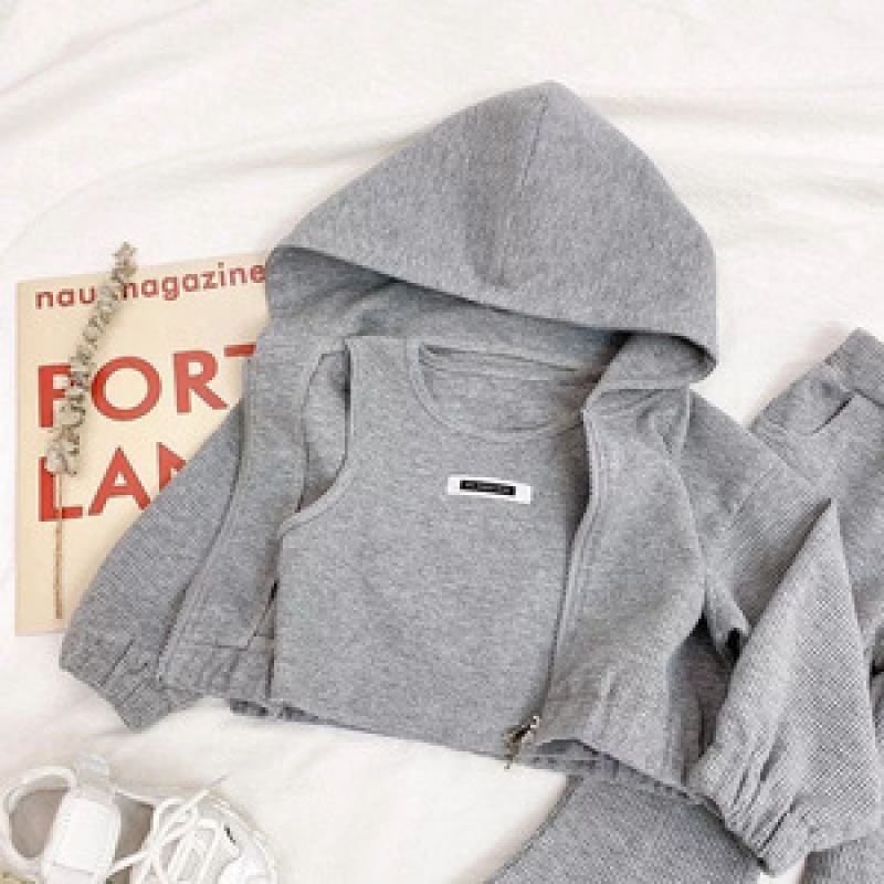 Conyson Casual Summer Kids Girl Sports Clothes Zip Hoddie Set Cotton Flared Cotton Pant Vest 3pcs Outfits Girls Tracksuit Suits