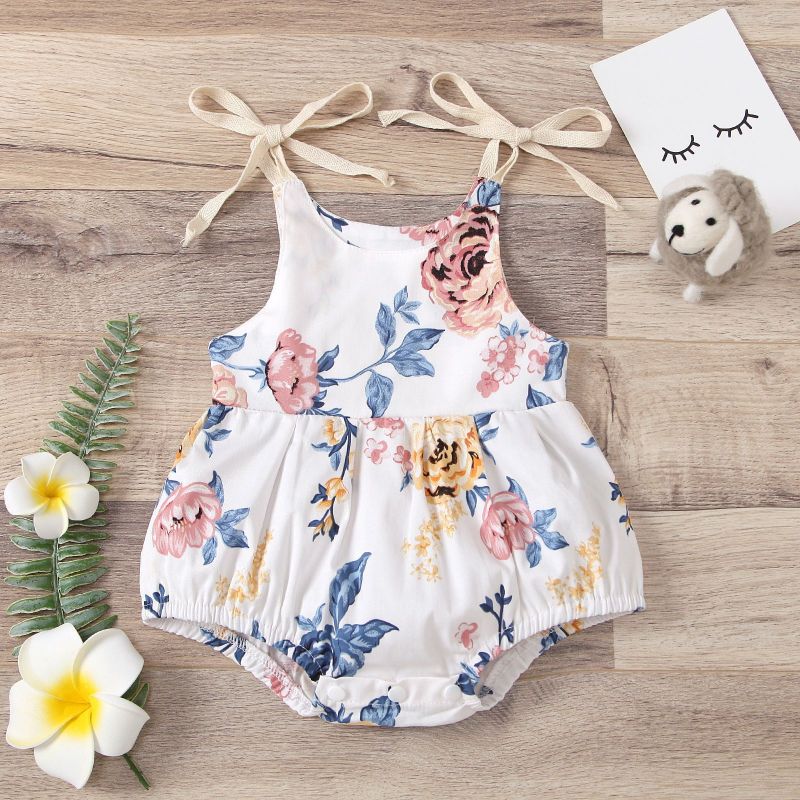 Wholesale Newborn Kid Sling Romper Baby Girl Summer Outfit Summer Clothes Sleeveless Flower Print Baby Girls Jumpsuit Romper