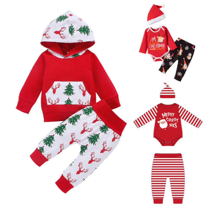 Conyson hot sale rts toddler baby Christmas fashion boy girls' infant kids clothes suit 100% cotton boutique romper clothing set