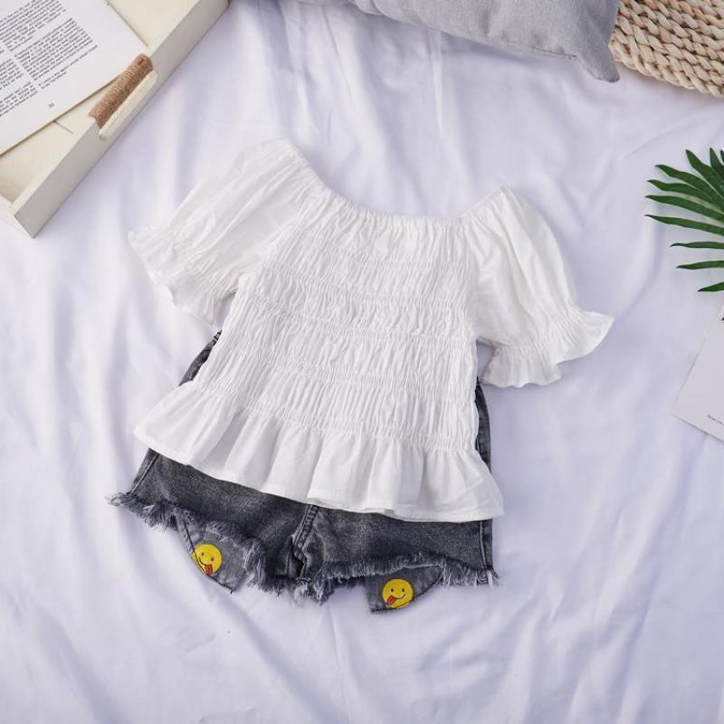Conyson boutique Children's Kids Korean Fashion square Neck pure color Girl T-shirt fold Summer kids Girls clothing Tops T-shirt
