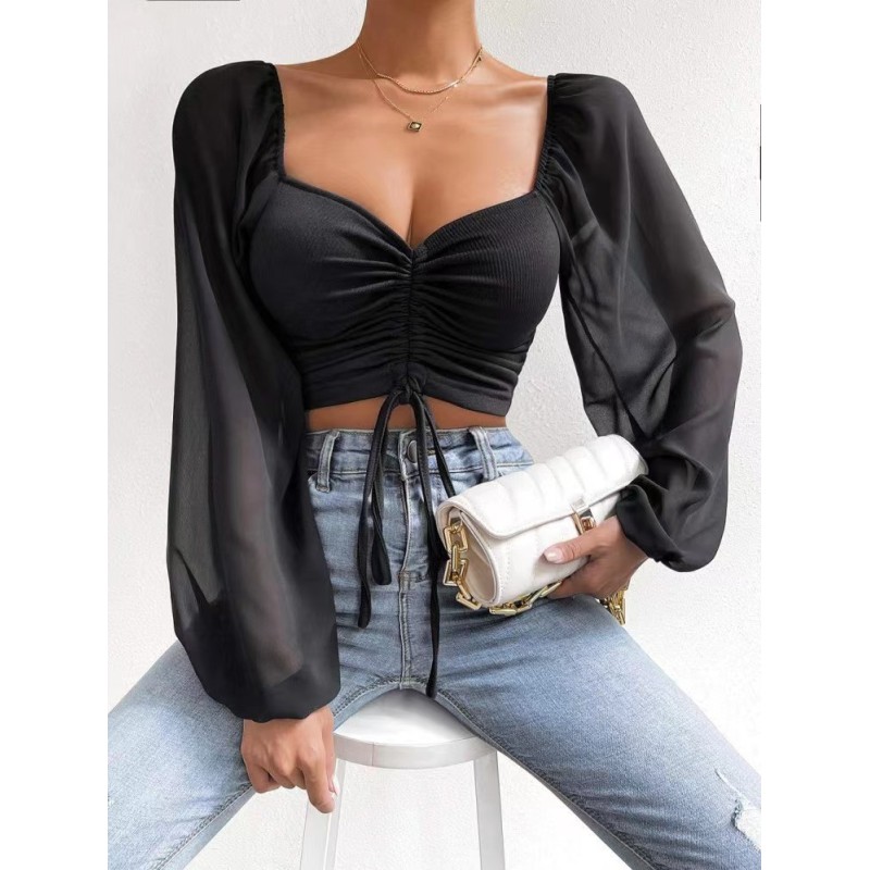 Conyson Fashion Spring Fall Long Sleeve Sexy Deep Square Neck Crop Top Chiffon Shirts Tops Short Women Lady Blouse Clothes