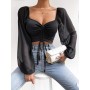 Conyson Fashion Spring Fall Long Sleeve Sexy Deep Square Neck Crop Top Chiffon Shirts Tops Short Women Lady Blouse Clothes