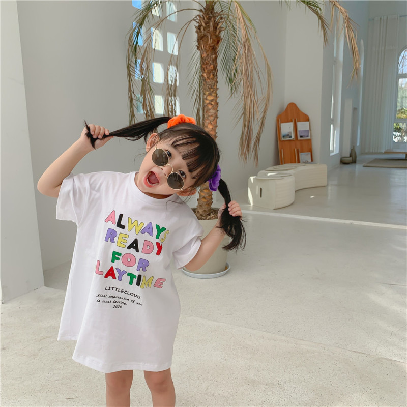 Conyson Hot Fashion Summer Kids Clothes Short Sleeve Solid Letter Colors Print Little Girls T-shirt Causal Flower Cotton Dress