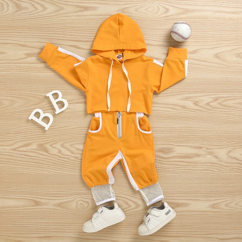 Conyson Baby Girls Sportswear Spell Color Long Sleeve Pullover Hood Crop Tops Mesh Desgin Long Pants Jogging Tracksuit Outfit
