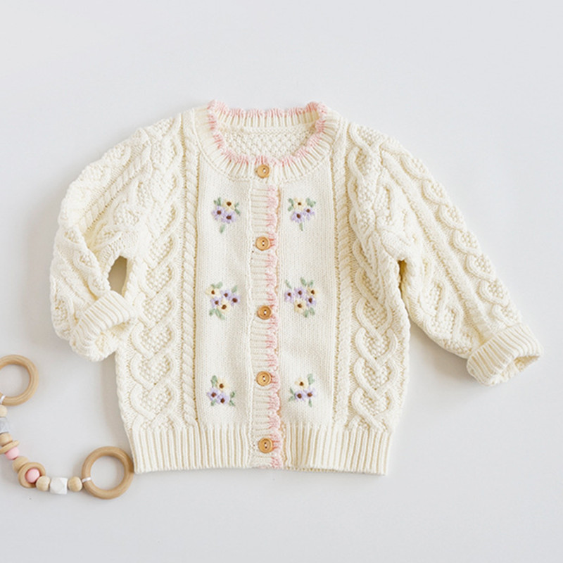 New Style Baby Girl Winter Sweaters Round Neck Lace Multicolor Flower Knitted Cardigan Sweater Designs For Girls