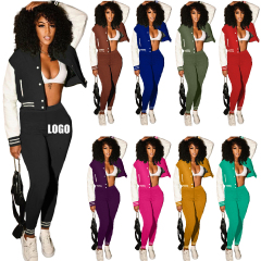 popular style fashion fall winter designer logo Customized women two pieces jacket suit button clothing adult Ribbed clothes set
