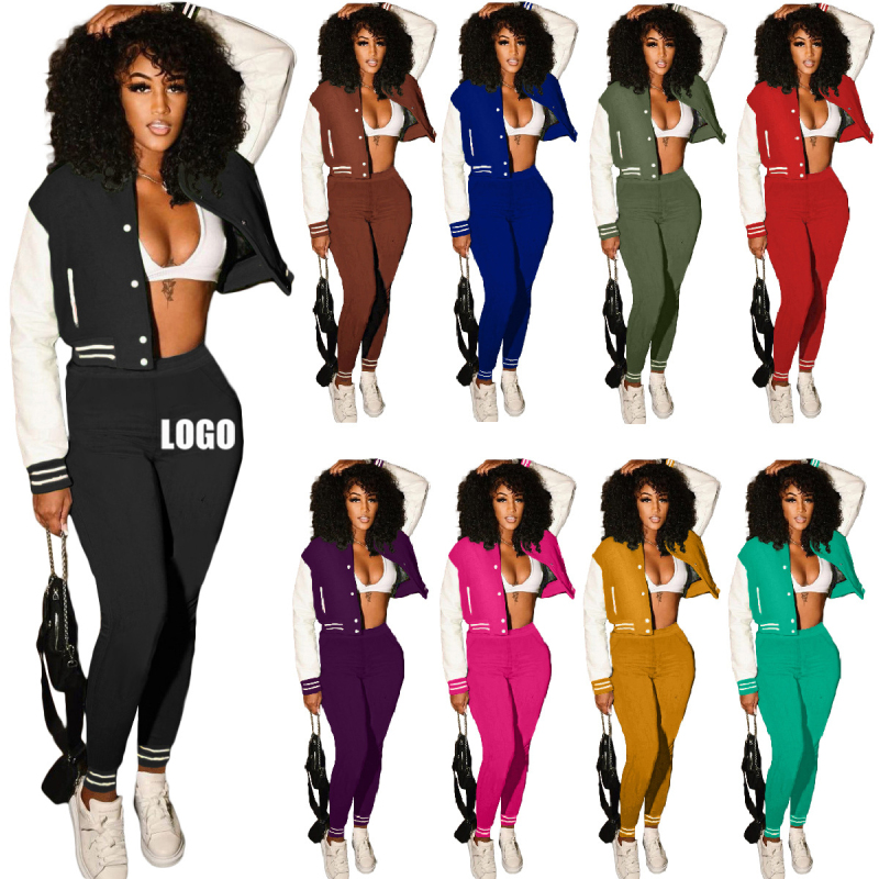 popular style fashion fall winter designer logo Customized women two pieces jacket suit button clothing adult Ribbed clothes set