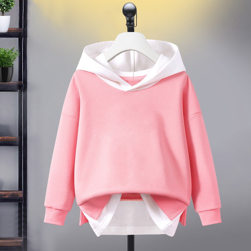 Wholesale Custom Logo Unisex Kids Hoodie Sweater Splicing Stitching Color Assumes Two Pieces Casual Sports Tops Upper Garments