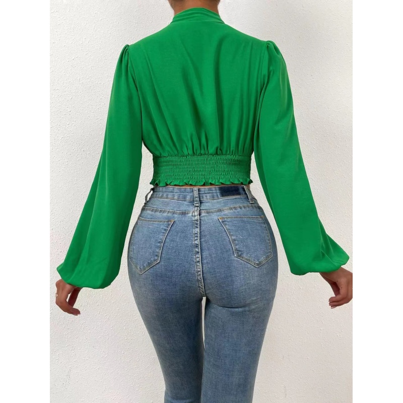 Conyson New Design Fall Spring Blouses ladies Urban Elegant Womens Puff Sleeve Blouses Ladys V Neck Tight Casual Tops Blouses