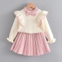 Latest Winter Baby Girl Clothing Knitted Bow Sweater Pleated Half Skirts Two Pieces Suits Casual Lovely Sweet Dress Sets