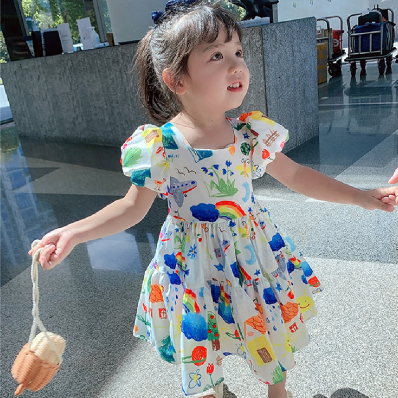 2021 summer new Korean style puff sleeve baby hot-selling children's wear Girls dress Little Kids Clothing