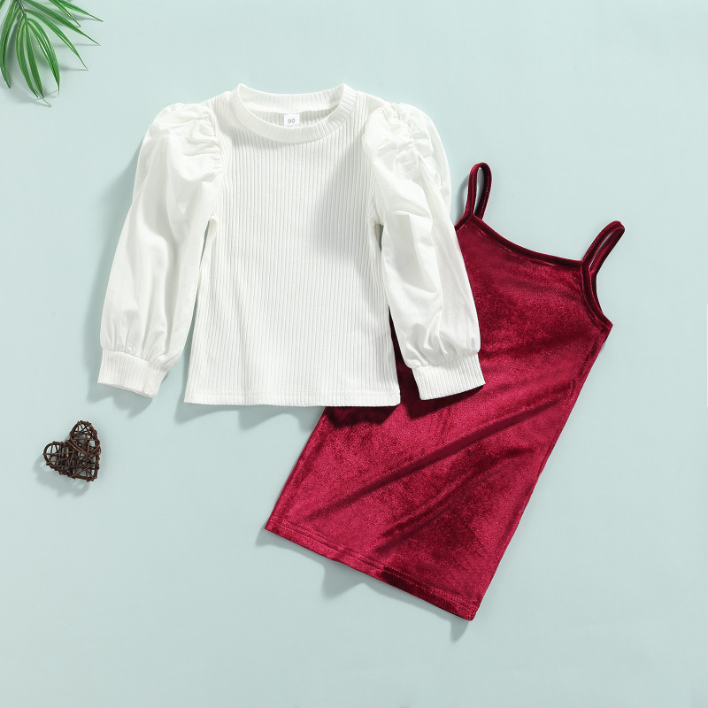 Conyson New Spring New Arrival Girls Fashion 2 Pieces Solid Long Puff Sleeve Knit T Shirts+Velvet Straight Suspender Dress
