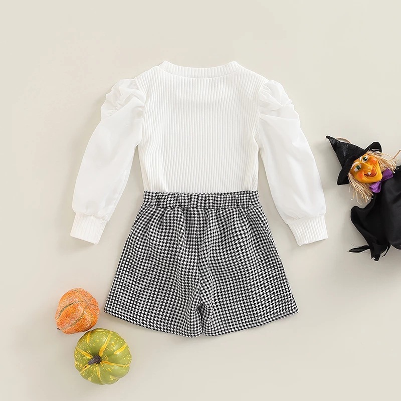 Conyson Wholesale Autumn Puff Sleeve White Top+Plaid Short Fashion Baby Girls Matching Suit 1-6 Years Girl Kids Clothing Sets