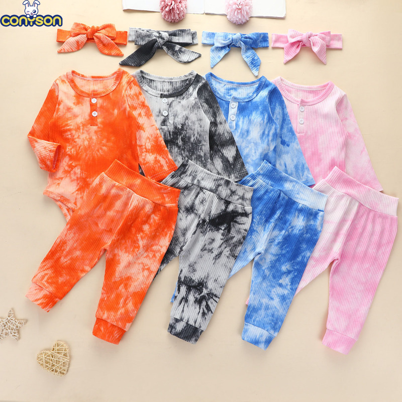 Conyson Wholesale Kids Clothes Spring Long Sleeve Tie -dye Pullover Pants with Headband Unisex 3Pcs Toddler Baby Clothing Set