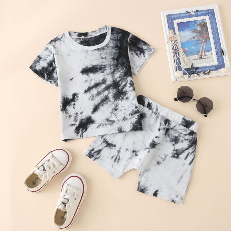 Conyson New Summer Unisex Short Bottoms Tracksuit Tie-dye Printed Short Sleeve Tops Casual Kids Boy Girl 2pcs Outfits Sets