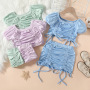 Conyson Wholesale Fashion Toddler Kids Girls Clothes Sets Summer Solid Tie-Up Straps Sleeve Crop Tops + Elastic Waist Ruffles