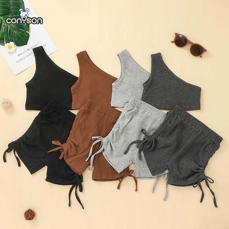 Conyson Hot sale children one shoulder biker 2-piece Outfit Set One Shoulder Set Daily Wear' crop top with biker shorts set