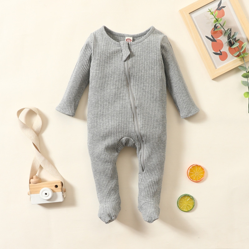 Conyson Spring Design Soft Toodle Infant Comfortable One Piece Clothes Knitted Pullover Long Sleeved Solid Zip Baby Foot Romper