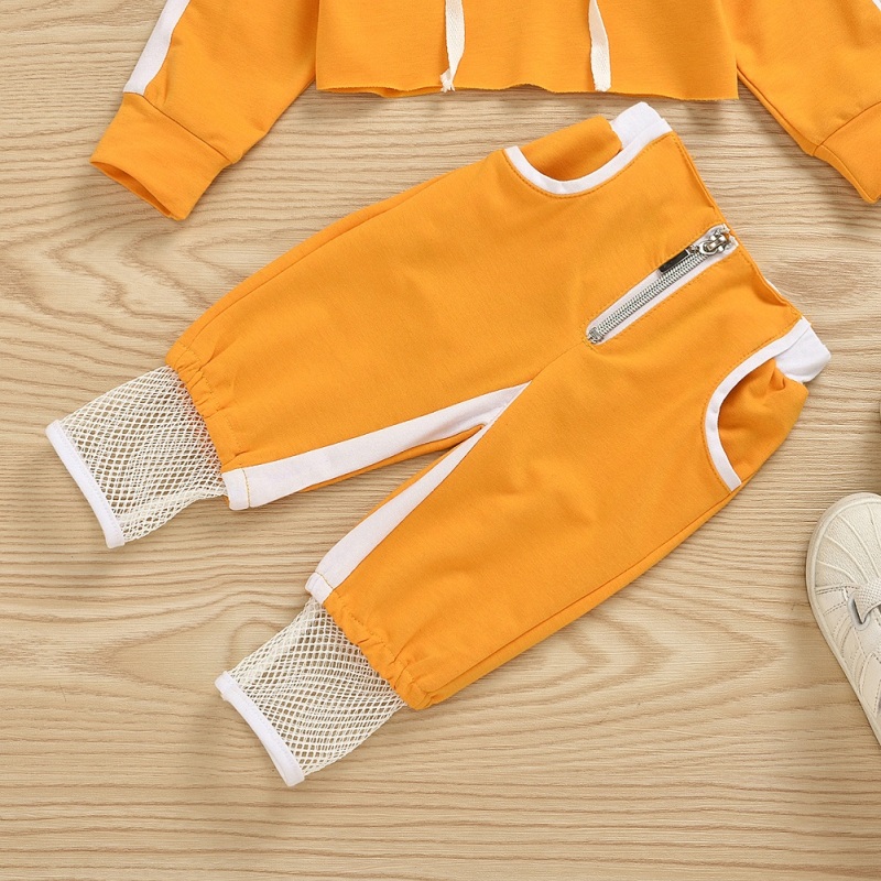 Conyson Baby Girls Sportswear Spell Color Long Sleeve Pullover Hood Crop Tops Mesh Desgin Long Pants Jogging Tracksuit Outfit