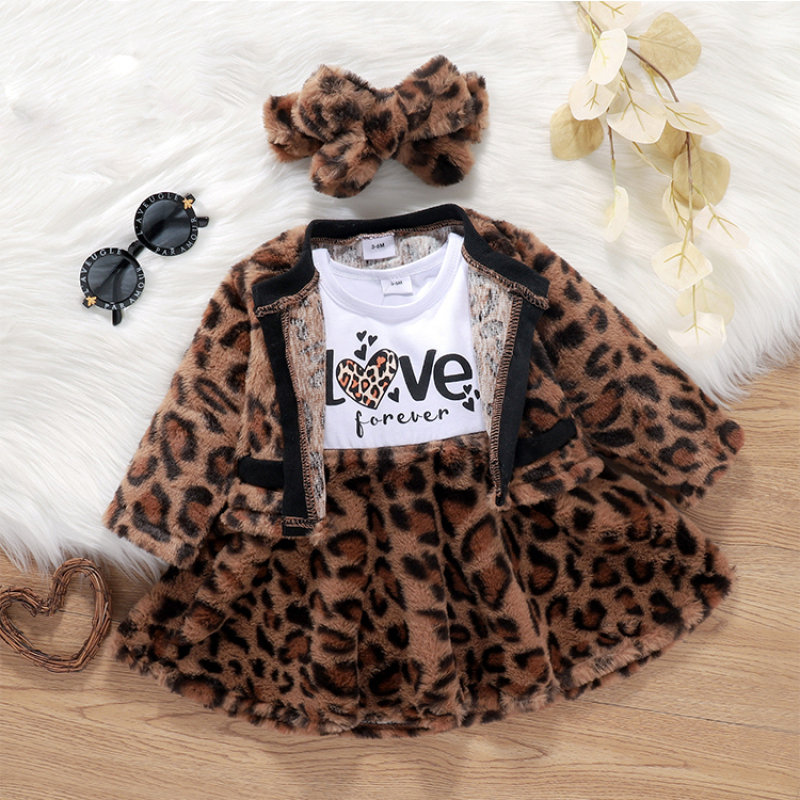 Baby Girl Autumn Princess Leopard Print Dress Suit Letter Stitching Leopard Print Jacket Suit 3pc Set
