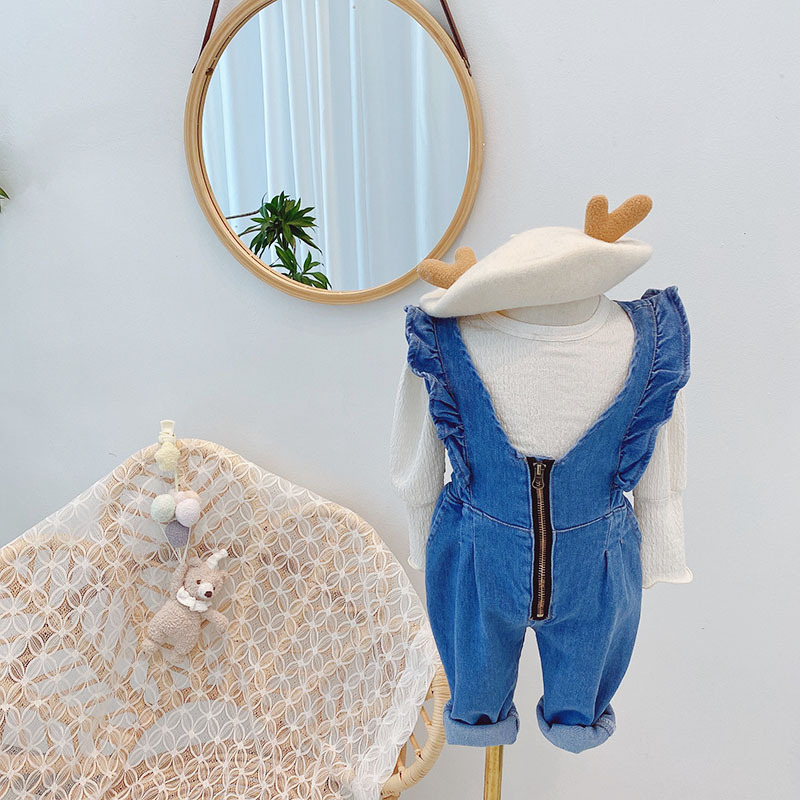 2021 New Cute Baby Girl Denim Jumper Jeans Stylish Toddler Girl One Piece Ruffle Zipper Jeans 1-6 Years