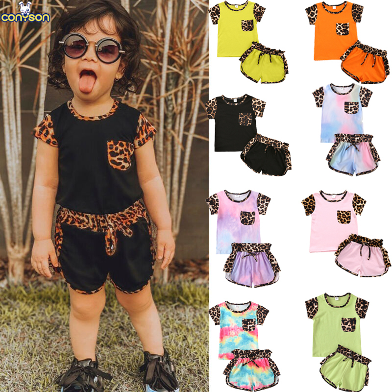 Conyson hot sale Fashion korea Leopard Printed boutique Summer kids t shirt shorts Outfit Set Cotton Baby boy Girl Clothing Sets
